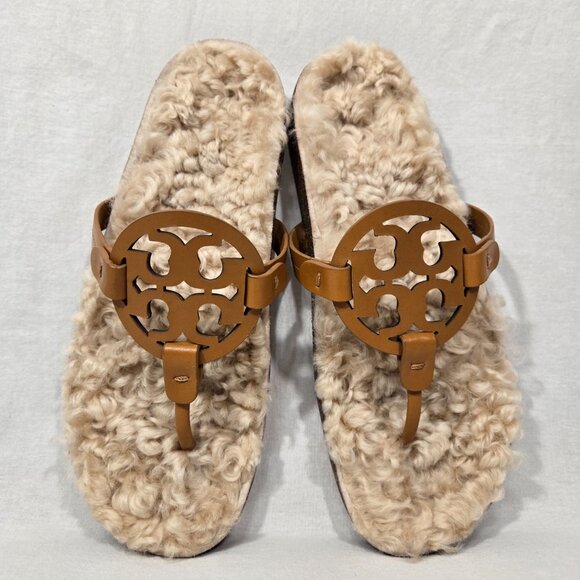 TORY BURCH Caramel MILLER CLOUD Shearling Leather Thong Slip-On Sandal Size 9.5M - Picture 10 of 17